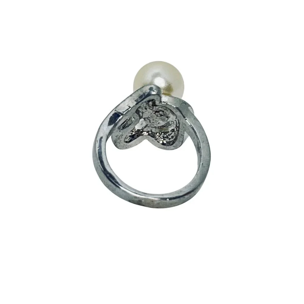 Silver Tone Ring With Faux Pearl & Rhinestone Accents Size 5 1/2 (R444) - Picture 7 of 7